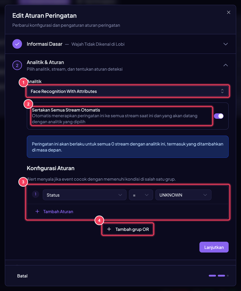 Langkah 2 — Analitik & Aturan: (1) Analitik menentukan event mana yang dievaluasi sekaligus atribut apa yang tersedia, (2) Sertakan Semua Stream Otomatis membuat rule berlaku untuk semua stream dengan analitik itu termasuk yang ditambahkan kemudian, (3) satu grup kondisi berisi baris Atribut–Operator–Nilai yang digabung dengan AND, (4) Tambah grup OR membuat grup baru yang digabung dengan OR.