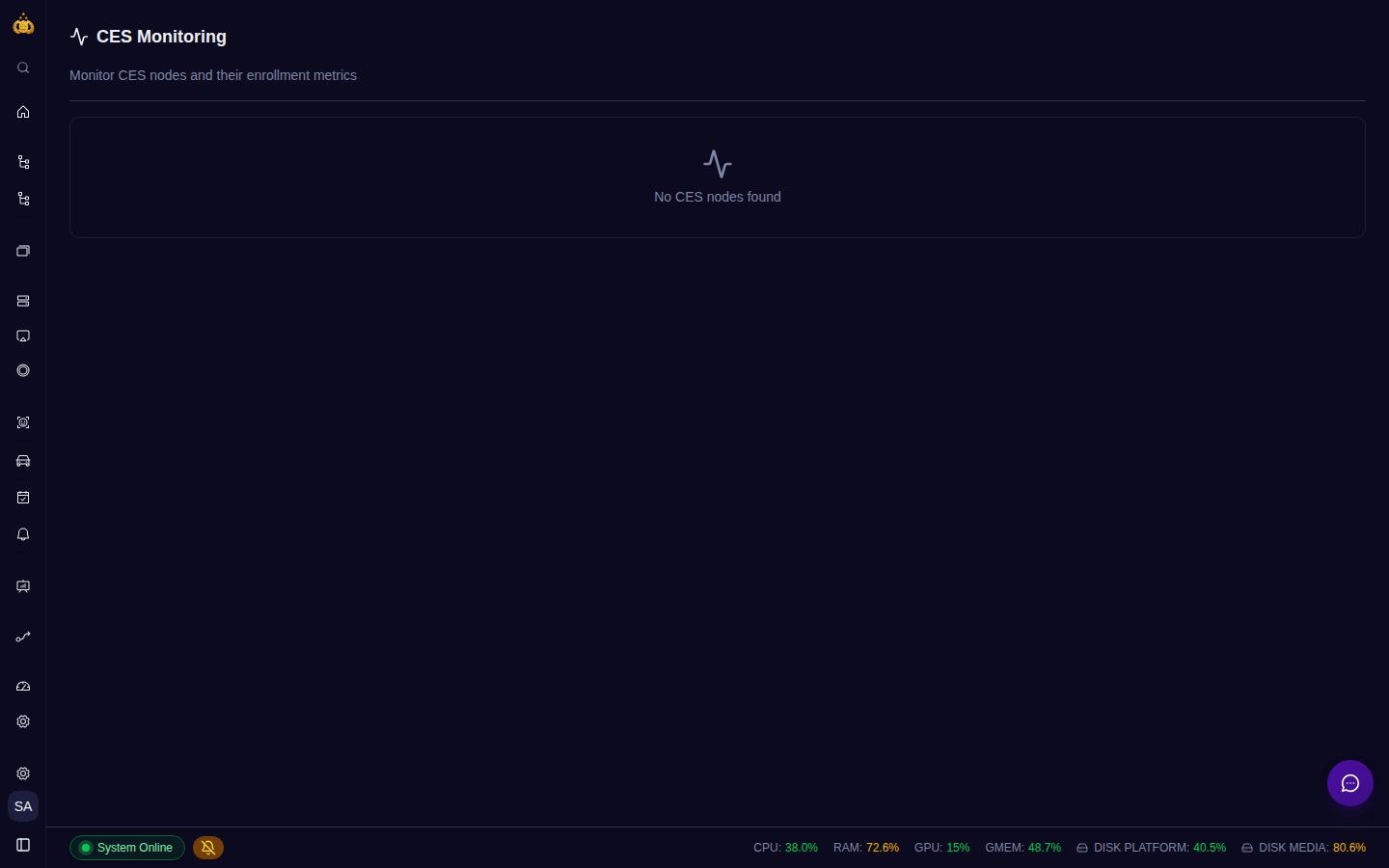 Halaman CES Monitoring: kartu node Master & Slave dengan status online/offline, total enrollment, dan IP address.