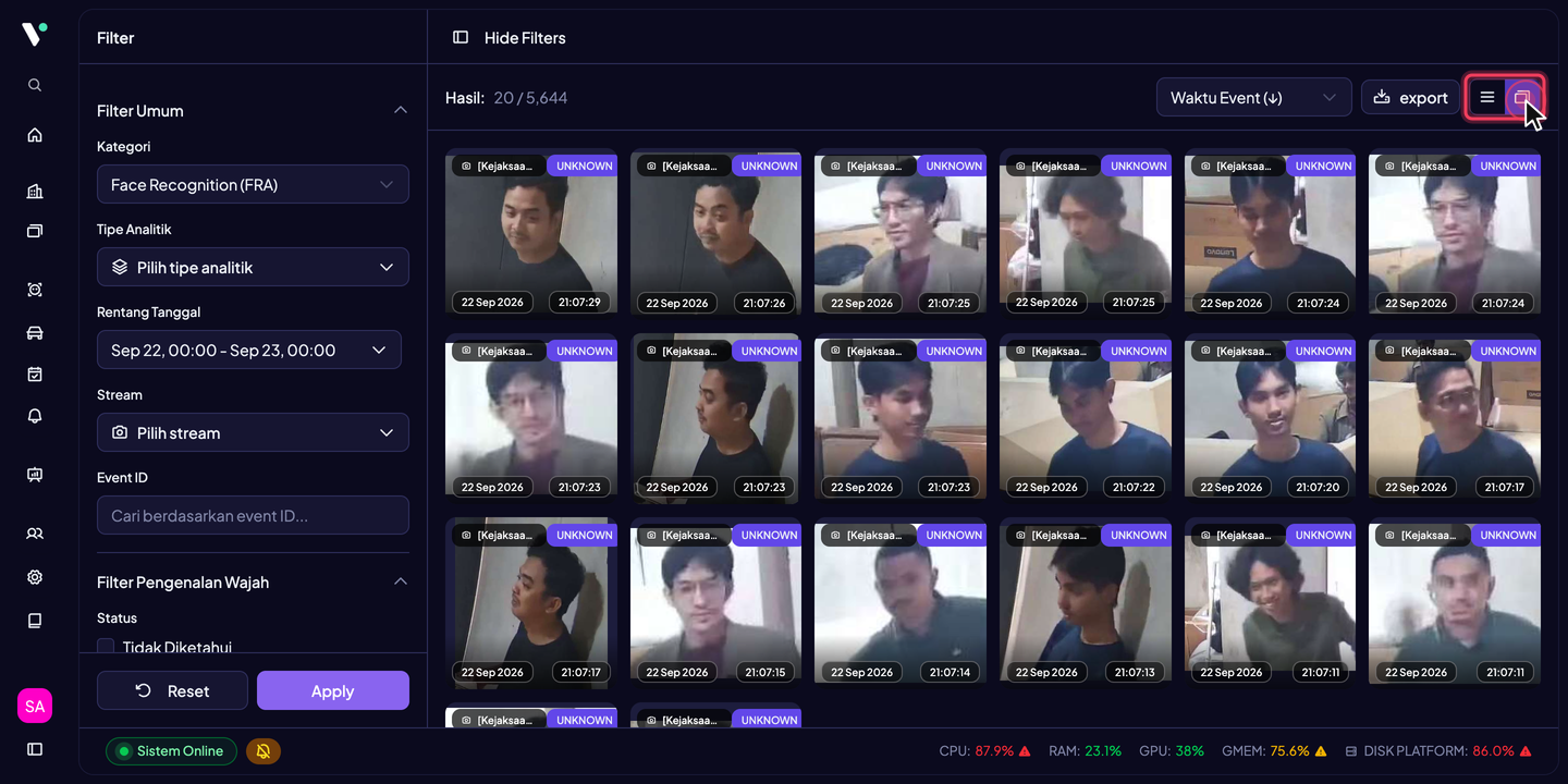 Mode grid: kartu persegi berisi gambar event dengan badge nama kamera di kiri atas dan badge status atau nilai utama (KNOWN/UNKNOWN, nomor plat, arah, tipe kendaraan) di kanan atas. Klik ikon kiri pada pengalih untuk kembali ke tabel.