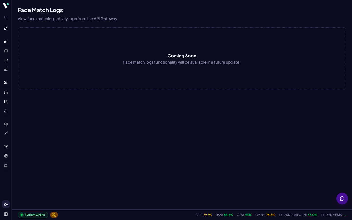 Halaman Face Match Logs (placeholder coming soon) — fungsionalitas penuh tersedia melalui API /api/log-investigate.