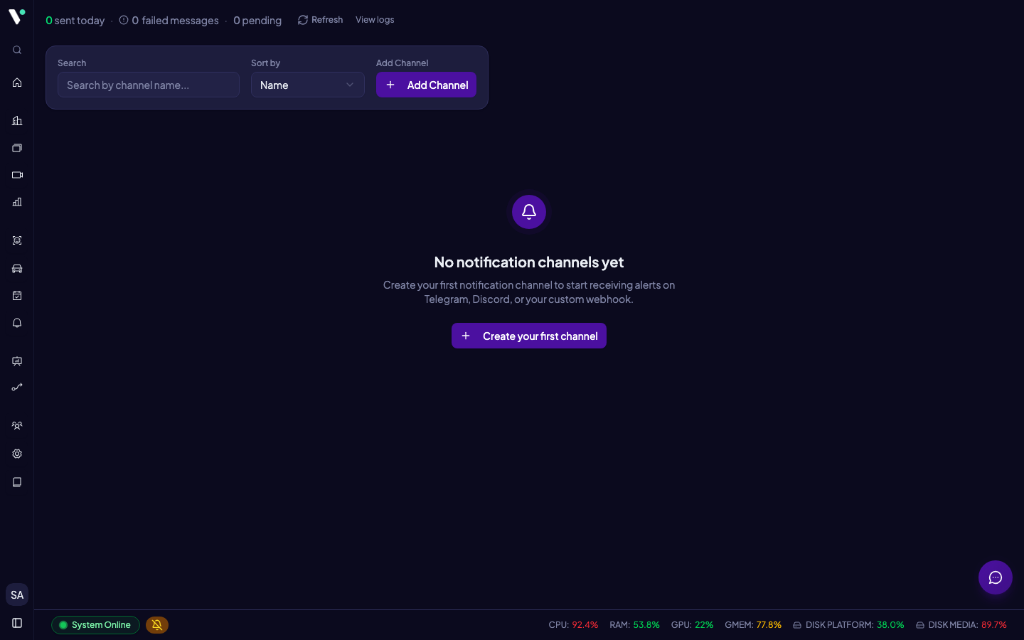 Halaman Notification Channels: kartu channel terdaftar, statistik antrian, dan tombol Tambah Channel.