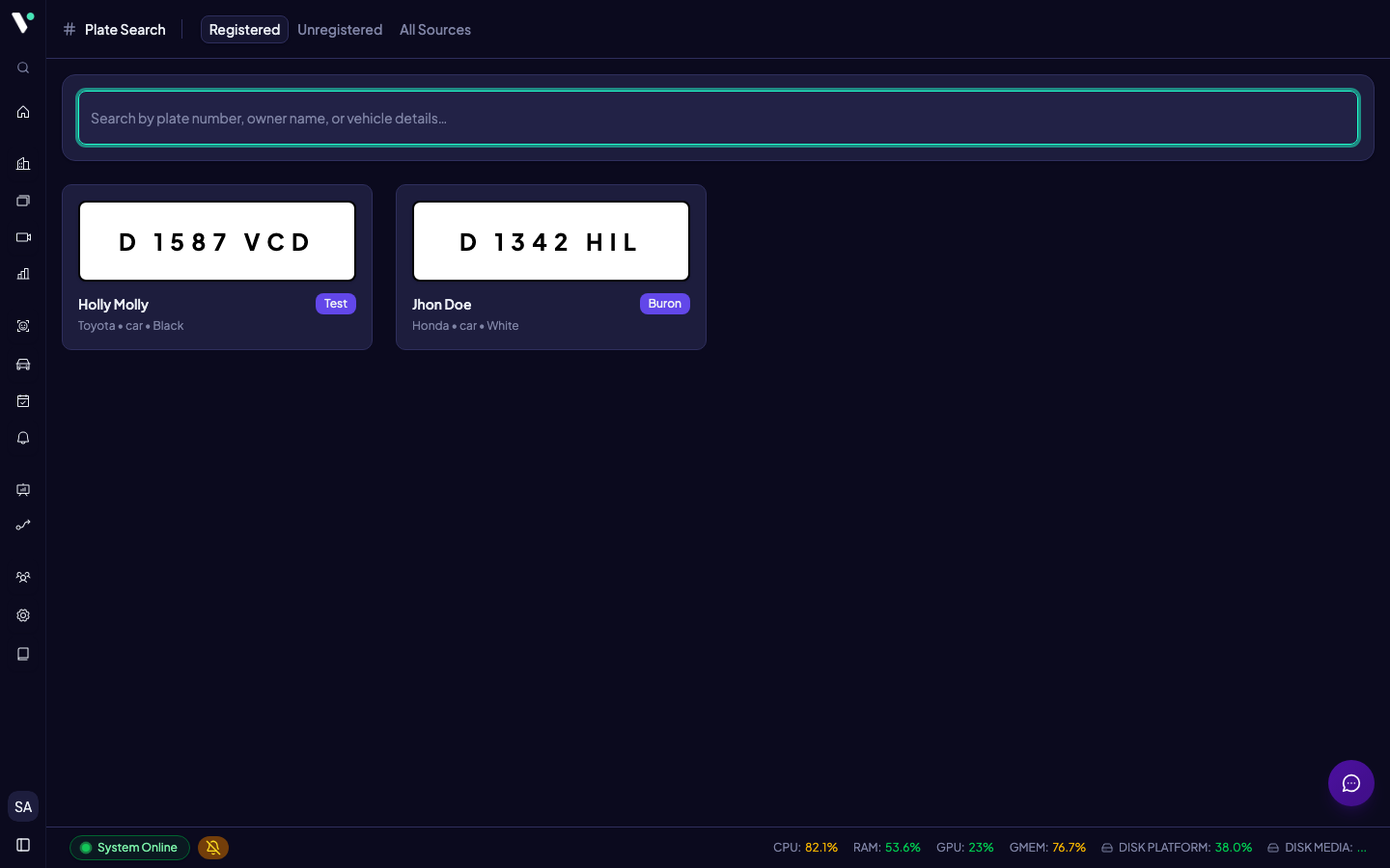 Halaman Plate Search — masukkan nomor plat untuk lookup data STNK Korlantas dan profil pemilik Dukcapil.