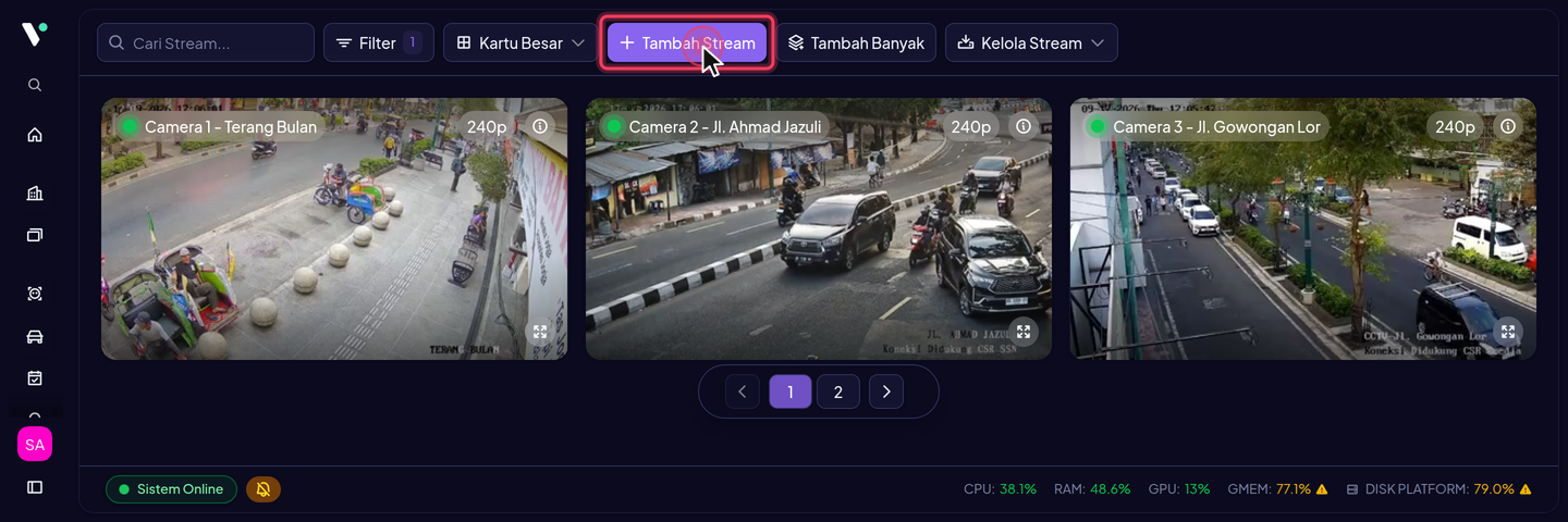 Tombol Tambah Stream berada di toolbar atas halaman Streams.