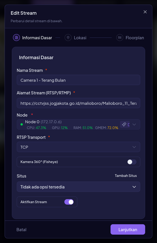Dialog Edit Stream memakai wizard yang sama dengan Tambah Stream (Informasi Dasar → Lokasi → Floorplan) dengan nilai yang sudah terisi.