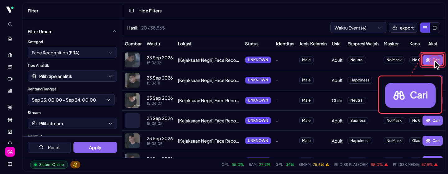 Kolom Aksi di ujung kanan tabel Events berisi tombol Cari untuk setiap baris yang punya identitas yang dapat dilacak. Pada kategori FRA (seperti pada gambar) tombol itu membuka /face-search?id=<face_id>; pada kategori LPR tombol yang sama membuka /plate-search?id=<nomor plat>.