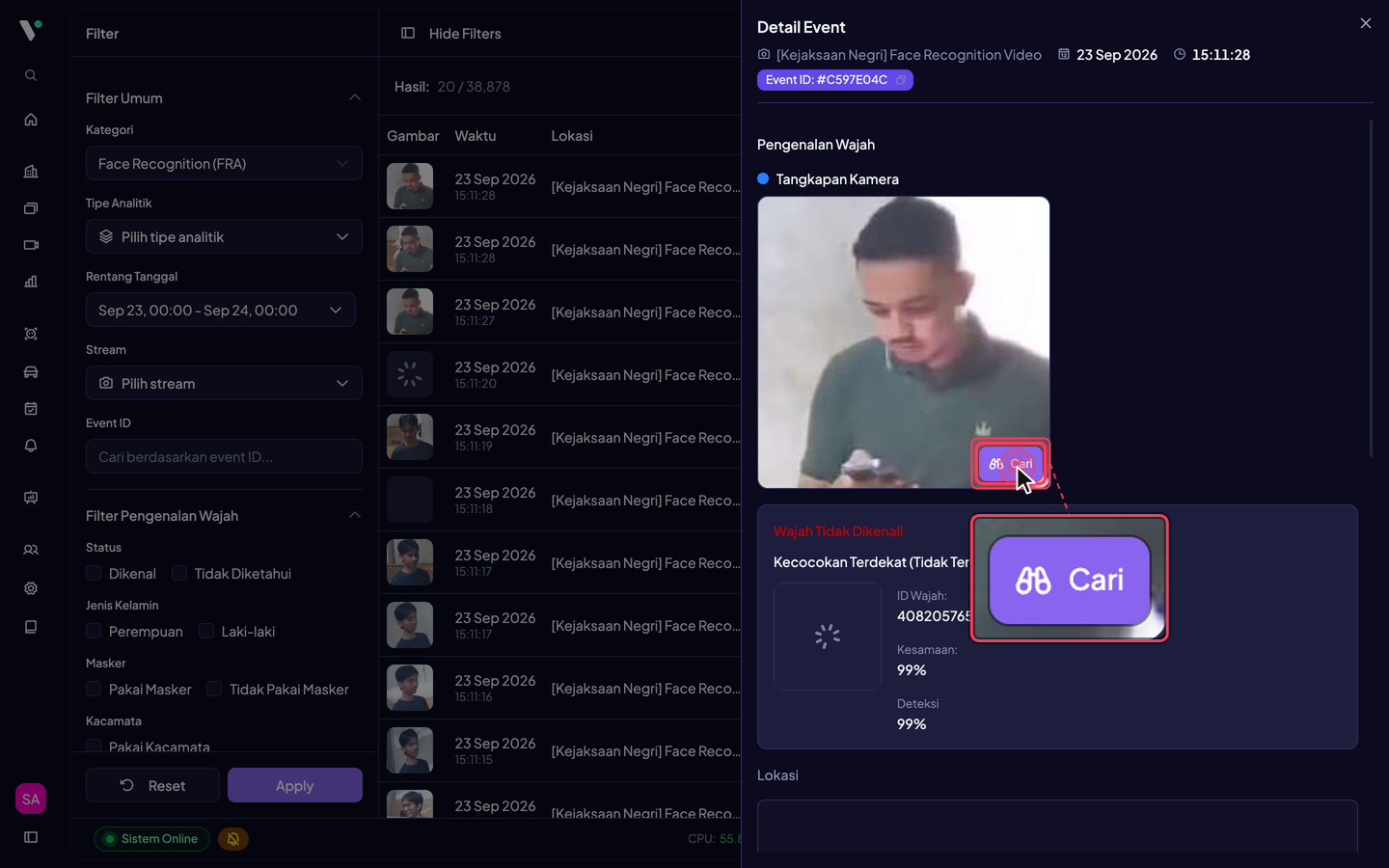 Panel Detail Event, blok Pengenalan Wajah: tombol Cari di pojok kanan bawah gambar Tangkapan Kamera membuka pelacakan wajah tersebut, termasuk untuk wajah tidak terdaftar.