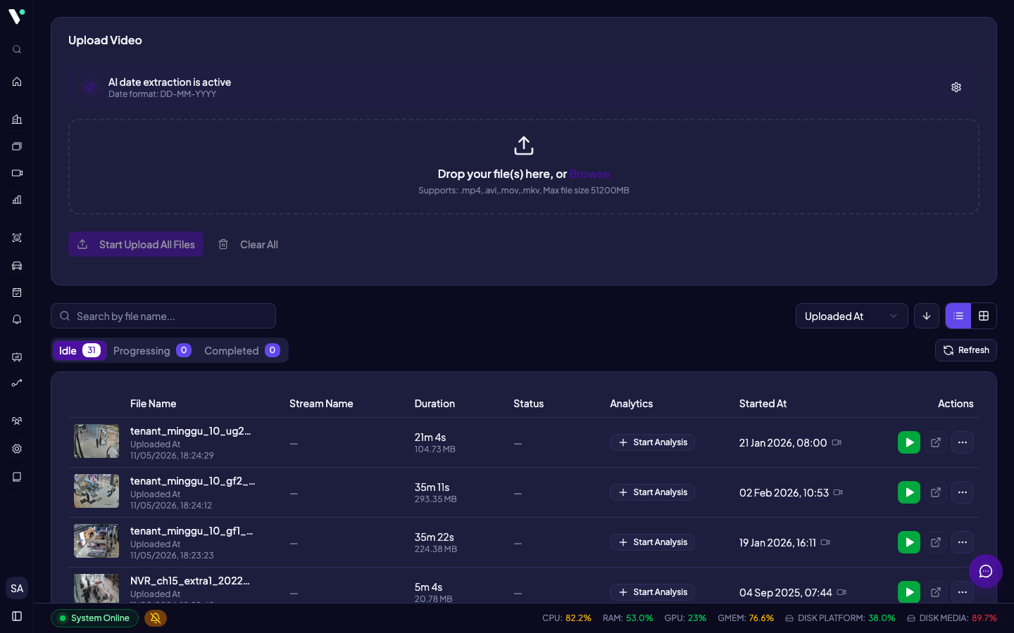 Halaman Video Analysis: area upload di atas dan daftar Job di bawah dengan status per chunk.